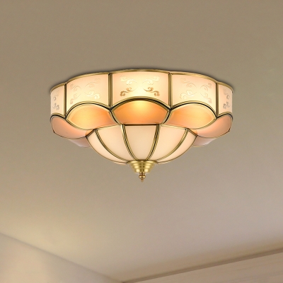 3/4/6 Lights Bedroom Ceiling Light Fixture Traditional Brass Flush Mount with Flower Curved Frosted Glass Panel Shade
