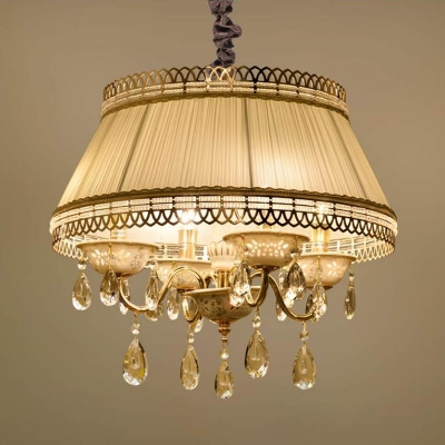 4 Head Crystal Drop Pendant Chandelier Traditional Beige/Gray Candelabra Bedroom Hanging Light with Trifle Fabric Shade