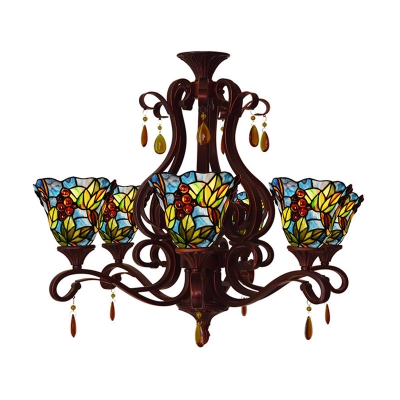 6 Lights Bedroom Chandelier Lighting Tiffany Red/Yellow/Blue Ceiling Pendant with Flared Hand Cut Glass Shade