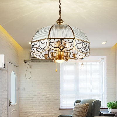 7 Bulbs Scallop Pendant Lamp Colonial Brass Frosted Prismatic Glass Chandelier Light Fixture for Living Room