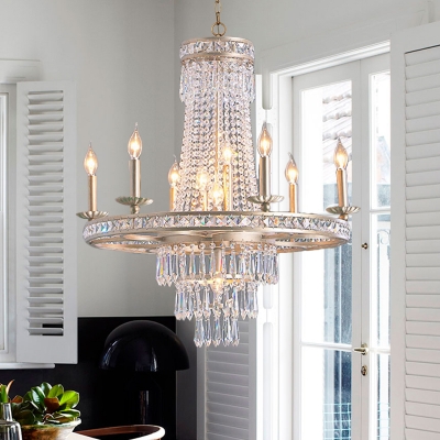 8/10 Lights Chandelier Lighting Fixture Rural Layered Crystal Drop Lamp in Silver for Living Room