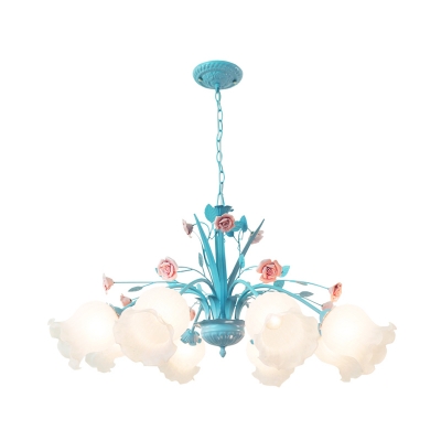 8 Bulbs Flower Pendant Light Traditional Blue Frosted Glass Chandelier Lamp for Bedroom