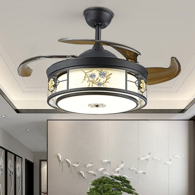 Acrylic Black Ceiling Fan Lighting Drum LED Traditionalist Semi Flush Mount, Wall/Remote Control/Frequency Conversion