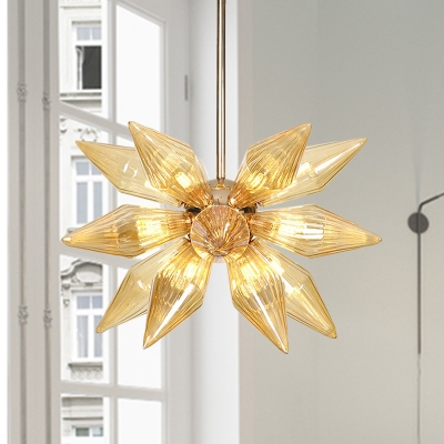Amber/Clear Glass Diamond Hanging Chandelier Light Vintage Style 9/12/15-Bulb Chrome/Gold Finish Pendant Lamp for Living Room