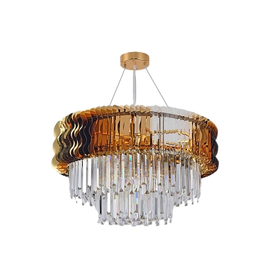 Amber Layered Chandelier Lamp Contemporary 8 Bulbs Cut Crystal Ceiling Pendant Light