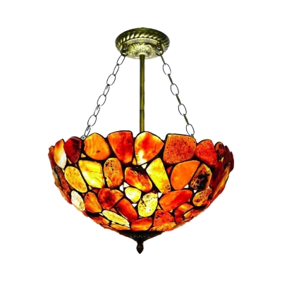 Antique Brass 3 Lights Semi Flush Mount Light Tiffany Style Stone Bowl Ceiling Lamp for Corridor