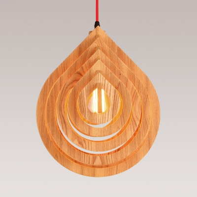 Asian 1 Head Ceiling Lighting Beige Droplet Hanging Pendant Light with Wood Shade