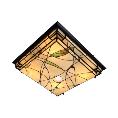 Baroque Square Flush Mount Ceiling Light Fixture LED Stained Glass Flushmount in Red/Pink/Yellow for Living Room