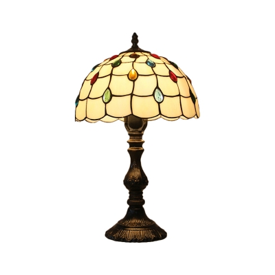 Beige Beaded Reading Lamp Tiffany 1 Head Stained Glass Standing Light for Bedroom