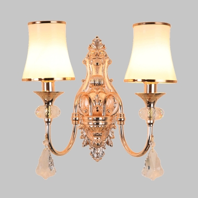 Bell Living Room Sconce Light Traditional Milk Glass 1/2 Heads Gold Wall Lighting Fixture with Dangling Crystal Accent