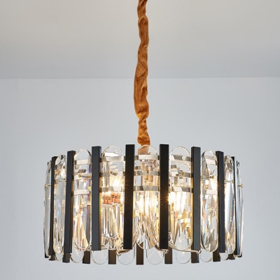 Black and Gold Drum Chandelier Light Modernism 6 Heads Crystal Block Pendant Lighting for Living Room