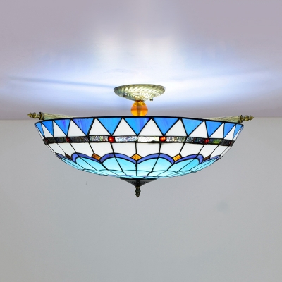 Blue/White 5 Bulbs Ceiling Mount Light Fixture Mediterranean Hand Rolled Art Glass Dome Flush Mount Lighting, 21.5