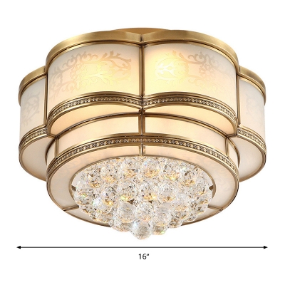 Brass LED Flush Mount Lamp Traditionalism Sandblasted Glass Scalloped Ceiling Fixture with Crystal Ball