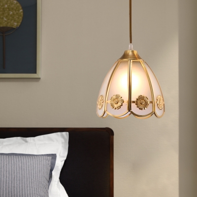 Brass Single Head Down Lighting Traditional Opal Frosted Glass Scalloped Pendant Ceiling Light for Entry