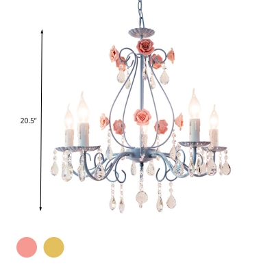 Candelabra Bedroom Ceiling Chandelier Traditional Clear Crystal Glass 5/8 Heads Pink/Yellow Hanging Light Fixture