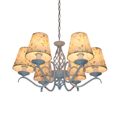 Cone Fabric Pendant Chandelier Traditionalist 6 Bulbs LED Bedroom Hanging Light in Light Blue
