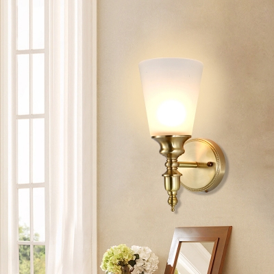 Cone Shade Indoor Wall Sconce Modernist Frosted Glass 1/2-Light Brass Finish Wall Light Fixture