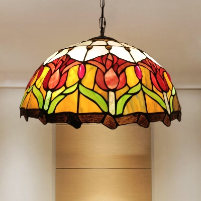 Cut Glass Yellow Pendant Chandelier Flower 3 Lights Mediterranean Hanging Light Fixture for Living Room