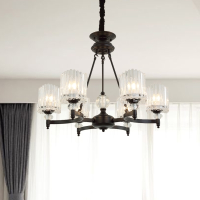 Cylinder Hanging Chandelier Modern Crystal 6/8/10 Lights Living Room Pendant Lighting Fixture in Black