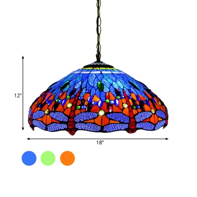 Dragonfly Chandelier Light Fixture Victorian Blue/Green/Orange Stained Glass 3 Lights Down Lighting for Living Room