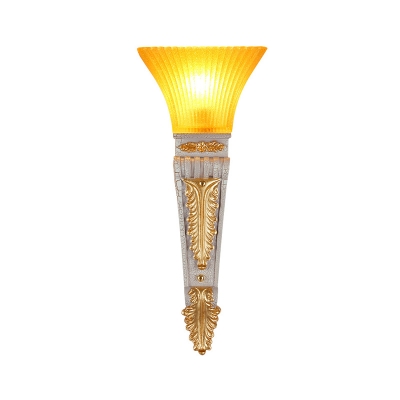 Flared Indoor Sconce Light Fixture Modern Style Yellow Glass and Resin 1 Light Gold/White Finish Wall Light, 14