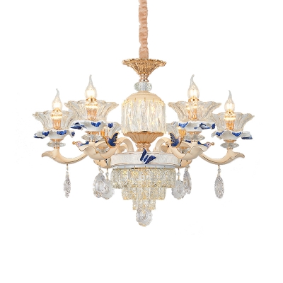 Flared Pendant Chandelier Tradition Crystal 6 Bulbs Gold Hanging Ceiling Light for Living Room