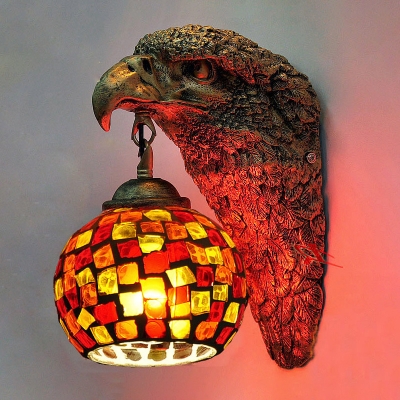 Globe Sconce 1 Light Cut Glass Mediterranean Stylish Wall Lighting Fixture in Silver/Beige/Red with Eagle Head Deco