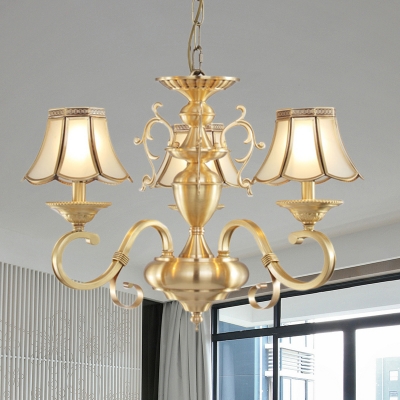 Gold 3/5 Heads Ceiling Chandelier Colonial Opal Frosted Glass Wide Flare Suspended Lighting Fixture