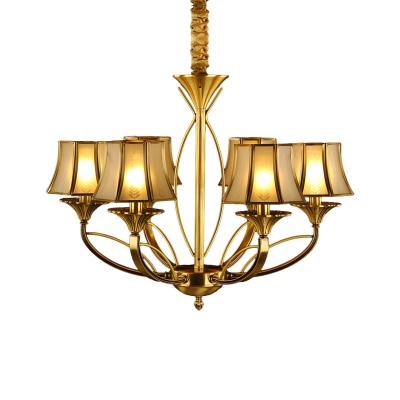 Gold 5/6/8 Heads Chandelier Lamp Colonization Frosted White Glass Flared Pendant Light Kit with Curved Metal Arm