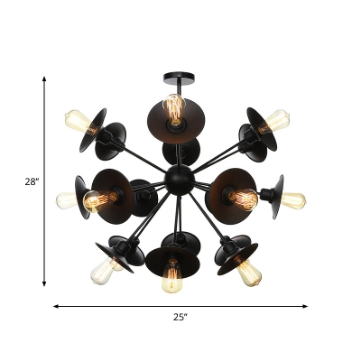 Industrial Flared Hanging Chandelier Lamp Metal 9/12/15 Lights Restaurant Ceiling Light Fixture in Black