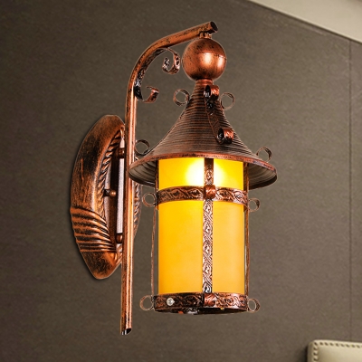 Iron House Shaped Wall Sconce Farmhouse Style 1 Head Weathered Copper Wall Lamp with Yellow Glass Shade