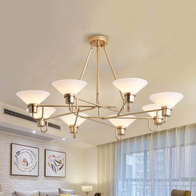 Ivory Glass Saucer Chandelier Lighting Modern Style 8 Heads Golden Pendant Light Fixture for Living Room