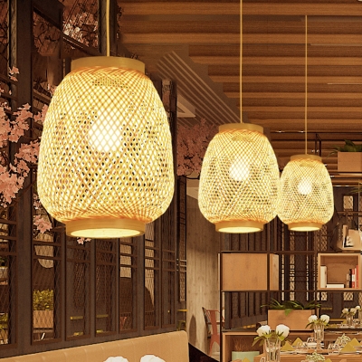 Lantern Pendant Ceiling Light Modern Bamboo 1 Light Beige Hanging Lamp for Dining Room
