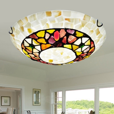 Mediterranean Bowl Shade Flush Mount Lamp 2/3/4 Lights Shell Flush Ceiling Light in White for Bedroom