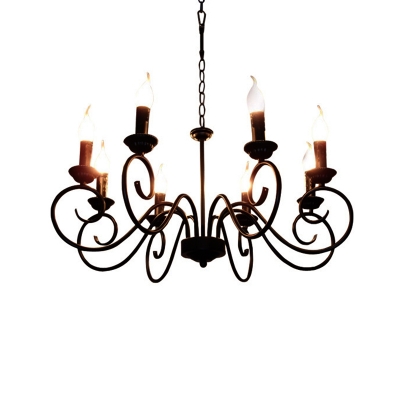 Metal Black Hanging Chandelier Scrolled Arm 8 Heads Tradition Ceiling Pendant Light