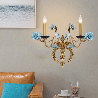 Metal Curved Arm Sconce Light Fixture Countryside 2 Lights Living Room Wall Mount Lamp in Blue with/without Shade