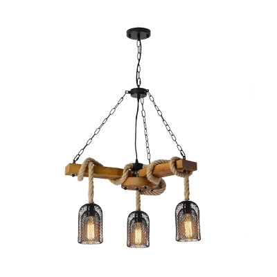 Metal Mesh Shade Chandelier Light Fixture Vintage Style 3/6 Bulbs Brown Ceiling Lamp with Hanging Rope