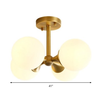 Milky Glass Round Semi Flush Modernist 4 Heads Ceiling Mount Light Fixture in Gold