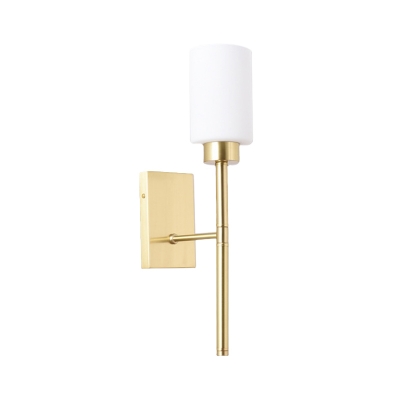 Modern 1 Bulb Sconce Light Brass Cylindrical Wall Lighting Fixture with White Glass Shade