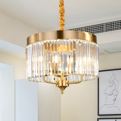Modern Cylindrical Hanging Chandelier Faceted Crystal 3 Bulbs Ceiling Pendant Light in Brass