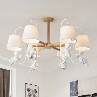 Modern Tapered Fabric Hanging Chandelier 6 Lights Ceiling Pendant Light in White with Bird Deco