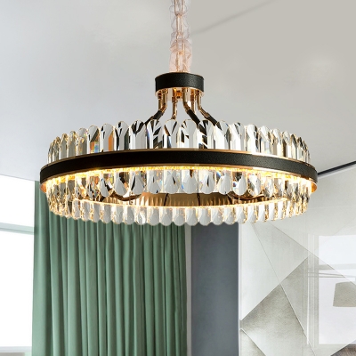 Modernist Ring Ceiling Chandelier Faceted Clear Crystal Prism LED Living Room Pendant Light Fixture in Black