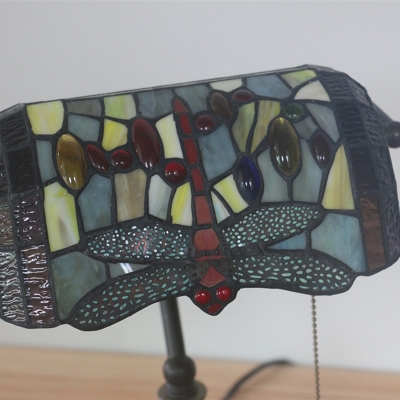 Multicolored Stained Glass Bronze Banker Table Lighting Dragonfly/Red Dragonfly 1 Head Baroque Task Lamp