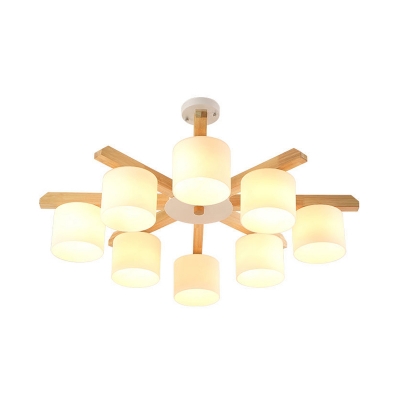 Nordic Style 6/8 Bulbs Chandelier Light with Milky Glass Shade Wood Finish Drum Hanging Light Fixture