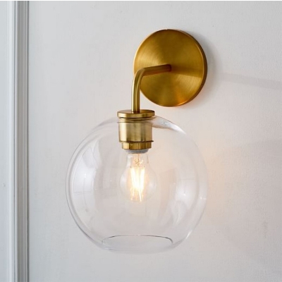 Post-Modern Single Sconce Light Metal Brass Finish Curvy Arm Wall Sconce with Clear/White Glass Orb Shade