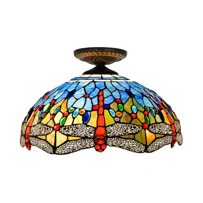 Red/White Dragonfly Lighting Fixture Tiffany-Style 1 Bulb Multicolored Stained Glass Flush Mount Ceiling Light