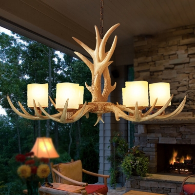 Resin Branch Chandelier Lamp Traditionary 3/6 Heads Ceiling Hanging Light in Brown with Cylinder Frosted Glass Shade