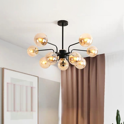 Spherical Living Room Ceiling Chandelier Amber Glass 10 Heads Modernism Hanging Light Fixture