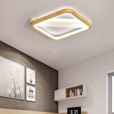 Square Wood Flush Light Modernism Beige LED Ceiling Mounted Light for Bedroom, 13