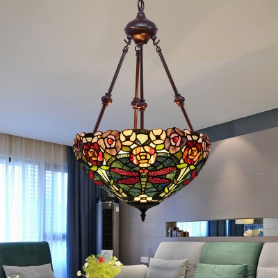 Stained Glass Dome Chandelier Light Tiffany 2 Lights Yellow/Orange/Green Pendant Lighting Fixture for Living Room